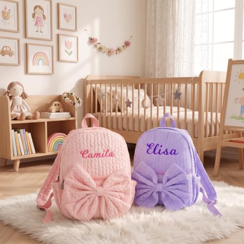Image of 15inch Daycare Backpack Personalized Large Backpack with Name | Cute Punch Backpack for Age 4-6,Quilted & Lightweight Fabric,Large Front Pocket with Bow,Padded Shoulder Straps,Custom Gift