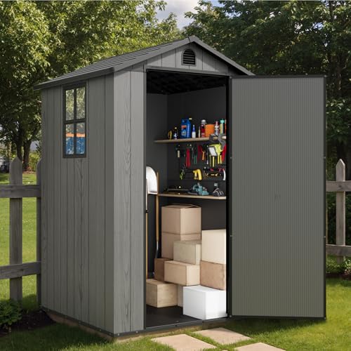 Image of Greesum 4x4FT Plastic Outdoor Storage Shed with Floor, Dark Gray