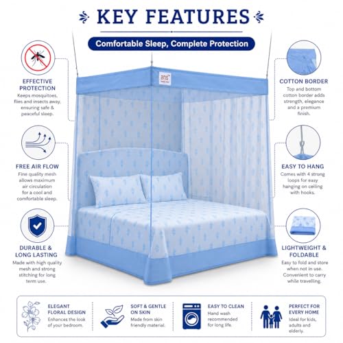 Image of ANS Floral Mosquito Net for Bed with Cotton Border | King Size 7 x 7 ft | Breathable Free Air Flow Mesh | Hanging Bed Net for Mosquito Protection (Sky Blue)