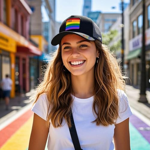 Image of Unisex Pride Trucker Hat, LGBT Rainbow Stripes Embroidered Baseball Cap, Adjustable Snapback Mesh Hat for Men Women