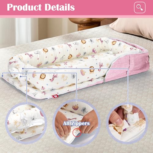 Image of Baby Lounger for Tummy Time Portable,Baby Play mat with Strap,Newborn Lounger Inner Zipper for Boys Girls 0-24 Months,Animal World Pink