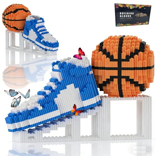 JESGO Basketball with Sneaker Micro Building Block Set Large Realistic Basketball with Shoes Stand STEM Building Bricks Sport Basketball DIY Model Enthusiasts Easters Day Gifts for Teen Adult