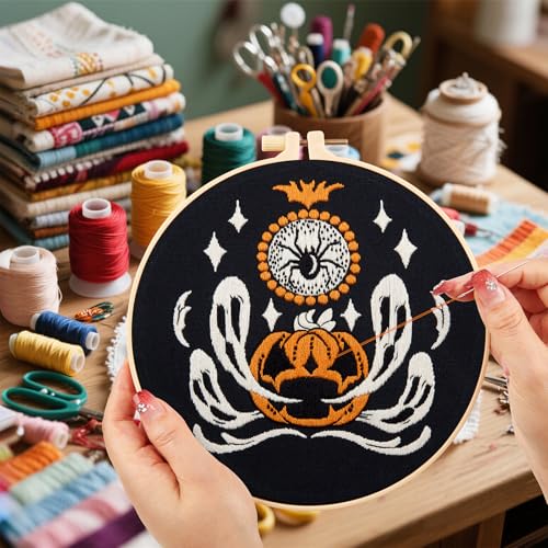 Image of Halloween Embroidery Kits for Beginners Adults, Ghost Embroidery Starter Kits, Halloween Cross Stitch Kits for Beginners Adults Hobbies for Women, Embroidery Fabric, Threads, Hoops and Video Tutorial