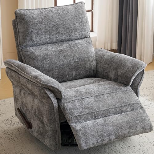 Image of Swivel Rocker Recliner with Adjustable Headrest,Upholstered Glider Rocker Recliner with Overstuffed Armrest,Manual Recliner Nursery Chair for Living Room,Grey
