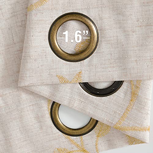 Lazzzy Semi Sheer Beige Curtains Gold Floral Embroidered Curtains Linen Textured Sheer Privacy Curtains Farmhouse Cottagecore Grommet Window Drapes for Living Room Bedroom 63 Inch Long 2 Panels