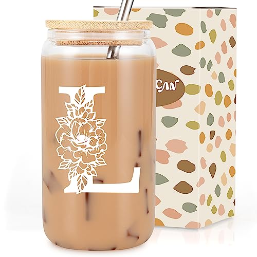 Coolife Initial Glass Cup, Monogrammed Gifts for Women, 16 oz Glass Cups w/Lids Straws, Iced Coffee Smoothie Beer Tumbler w/Straw Lid - Personalized Christmas, Birthday Gifts for Her Mom Friend Woman