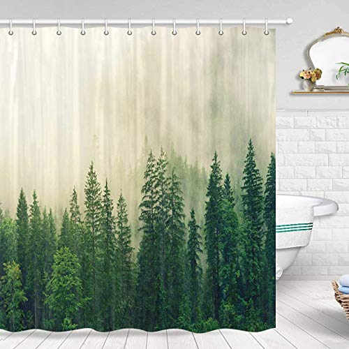 Forest Shower Curtain, Rustic Nature Forest Shower Curtain Green Misty Forest Pine Tree Shower Curtain Cool Nature Scenery Landscape Bathtub Decor 72 Inch Design Art Shower Curtain Waterproof Fabric #TOP2