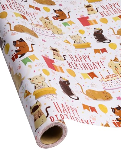 Cat Wrapping Paper 17 inch X 10 ft Mini Roll for Girls and Boys Cool Cute Cats Design Kids Happy Birthday Wrapping Paper Roll Kitten Gift Wrap Paper Suitable for Birthdays Parties Baby Showers
