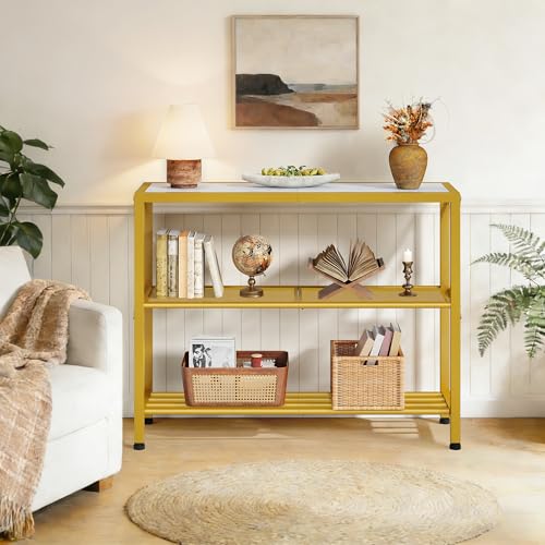 Image of Hoctieon Industrial Console Table, 3 Tier Entryway Table, Metal Frame, Sofa Tables with Shelf, Hallway Desk, Entrance Tables for Entryway, Living Room, Foyer, Hallway, Gold and White