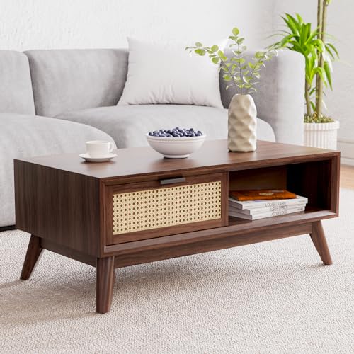 Image of Bme Modern Solid Wood Coffee Table with Storage, Accent Rattan Design, Perfect for Living Room, Walnut, Medium
