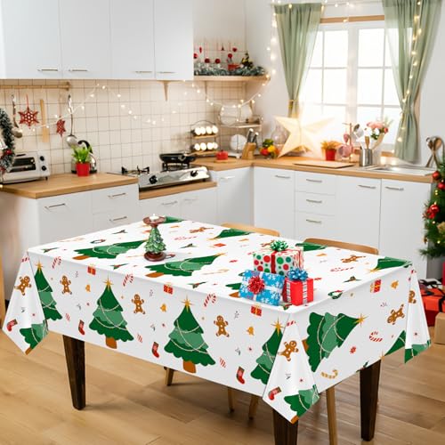 Image of Hxezoc 3 Pack Disposable Plastic Christmas Tree Tablecloth, 54 x 108 Inches Christmas Party Table Cover for Xmas Winter Holiday New Year Home Dinner Decorations
