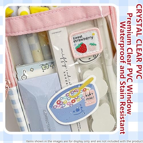 Image of Cute Pen case Adorable Bunny Transparent 3-Layer Large Capacity Pencil Case Gadget organizer with Lovely Stickers (Black Plaid)