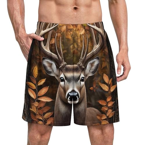 PUYWTIY Fashion Pajama Shorts for Men, Soft Lightweight Lounge Pj Shorts Elastic Waistband Sleep Bottoms Fall Leaves Hunting Camo Tree Deer Loungewear (M)