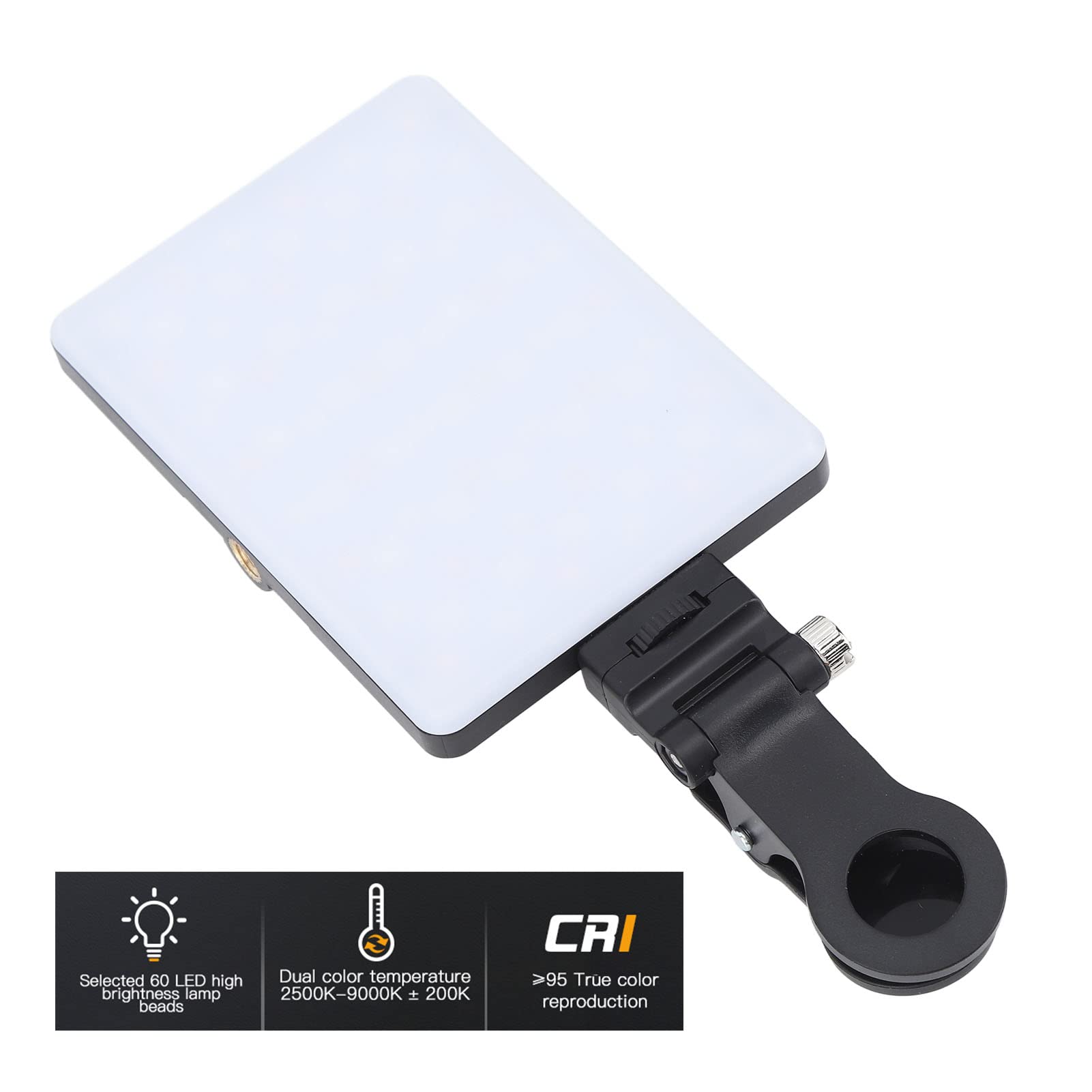 Luce LED Portatile per Fotocamera, Luce Calda Fredda a Doppia Temperatura di Colore, Clip, 60 LED, Ricaricabile da 2000mAh, per Telefono/tablet/laptop