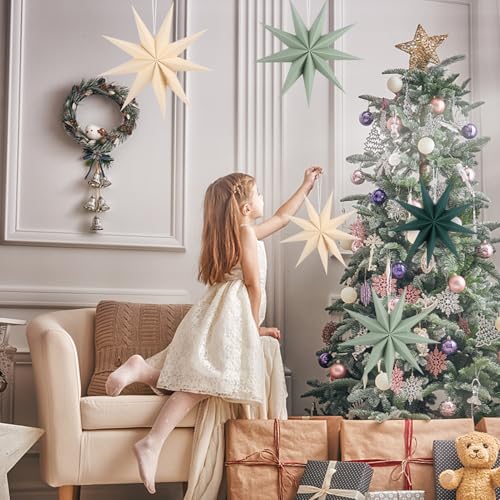 Image of 12 Inches 5 PCS Beige Green Sage Green Paper Star Lanterns Christmas Party Decorations Hanging Stars Christmas Party Decorations Wedding Birthday Christmas Home Party Decorations(9 Pointed)
