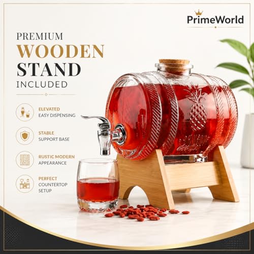 Image of 3L Glass Beverage Dispenser Barrel with Wooden Stand & Leakproof Tap | Premium Drink Server for Juice, Water, Wine, Cocktails & Iced Tea | Ideal for Home, Parties & Camping