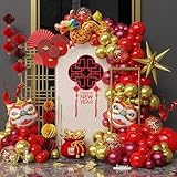 Enanal Chinese Lunar New Year Balloon Garland Arch Kit, 141pcs Chinese Red and Gold Balloons with Dancing Lion Dragon Foil Balloons for Chinese New Year Decor Lunar Spring Festival (Chinese Red)