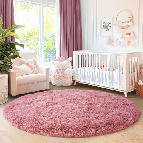 6‘x6’ Blush Round Rugs for Girls Bedroom, Ultra Soft Fluffy Circle Rug for Kids Room, Cute Shag Rugs for Living Room Playroom Tent Castle Home Decor Rug