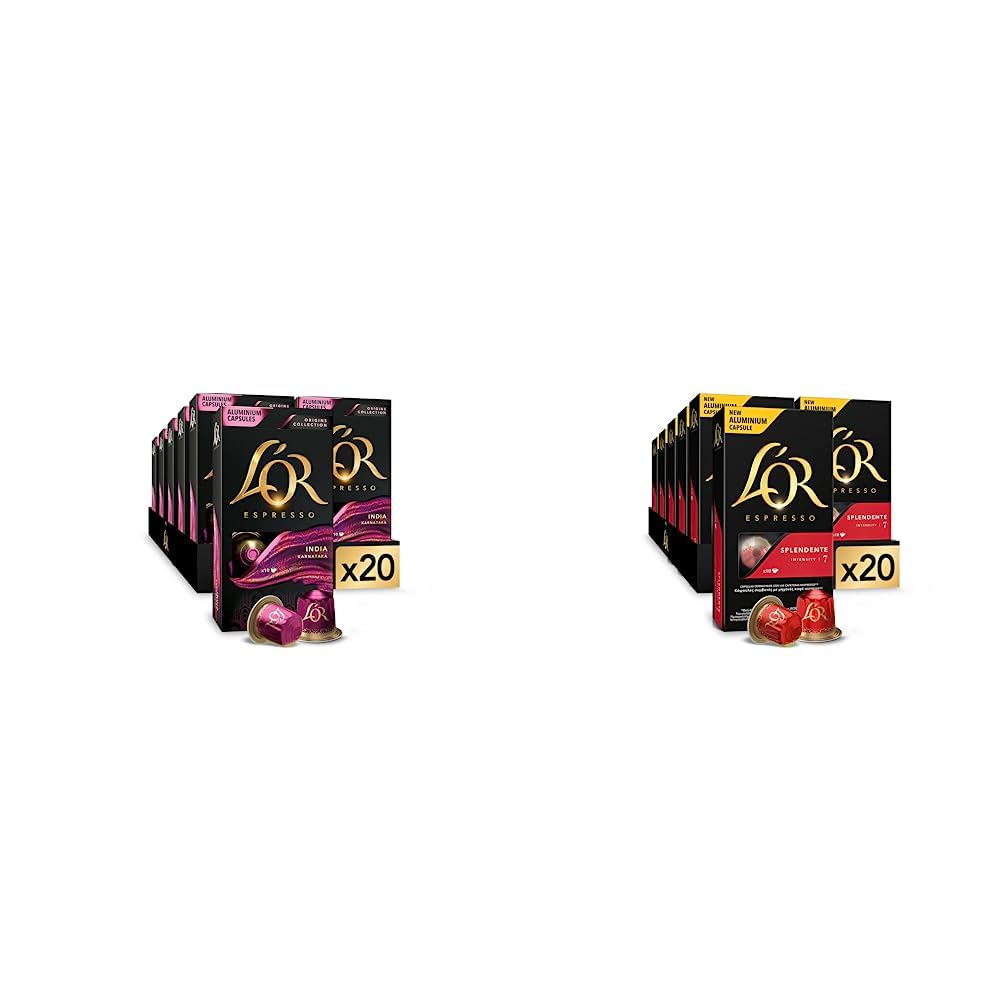 L'OR Espresso Cápsulas de Café India Orígenes | Intensidad 10 | 200 Cápsulas Compatibles Nespresso (R)* & Espresso Cápsulas de Café Splendente | Intensidad 7 | 200 Cápsulas Compatibles Nespresso (R)*