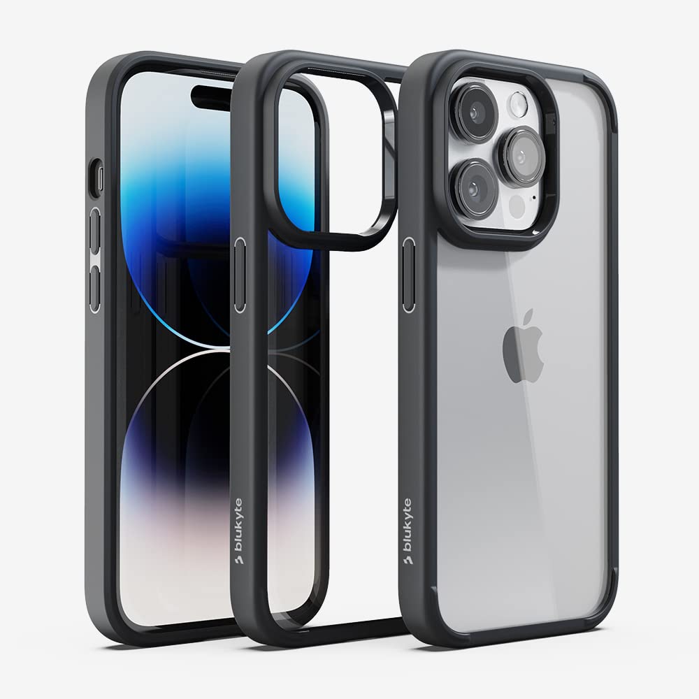 BluKyte iPhone 14 Pro GoCushion Hybrid Protective Back Cover Case | Transparent Cases & Clear Covers | Bumper for Camera Protection | Cosmos Black | Thin, Durable & Lightweight|TPU & PC|Made in India