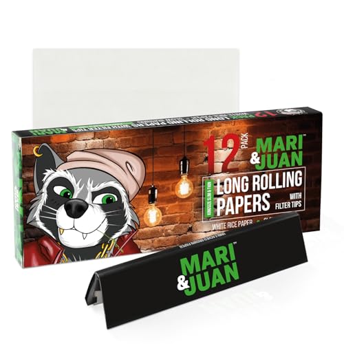Mari & Juan Papiers à Rouler Long I 12 carnets de 32 Feuille a Rouler avec Filtres I Slim King Size, Brun et Unbleached I Feuille Slim I Filtre et Tips I...