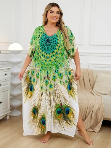 Image of KECVOT Kaftan Dresses for Women V-Neck Print Swimsuit Cover Up Plus Size Beach Caftan Lounge Dress