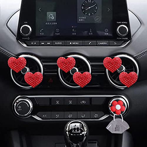 Image of Bling Heart Air Vent Clips, 6 Pcs Red Heart Car Air Fresheners, Diamond Car Interior Decor Charm + Cute Sunflower Mask Hook