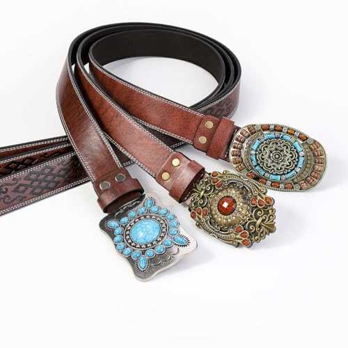 Western Cowgirl Belt For Women Ladies Turquoise Bead Large Buckle Embossed Cowboy Belt for Jeans Rodeo2