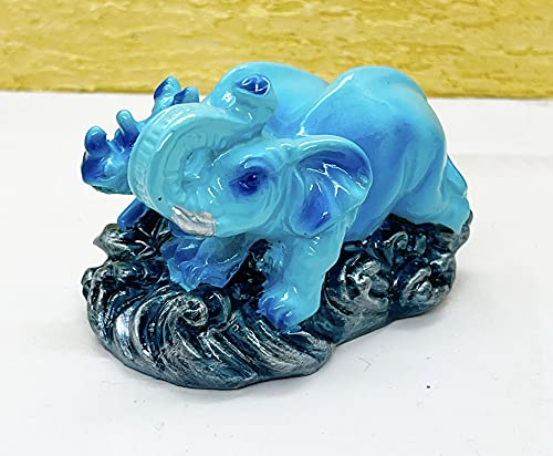 Image of Exclusive Fengshui Polyresin Blue Elephant with Hippo Trunk Up for Wealth Good Luck & Fortune. (ES-2603)