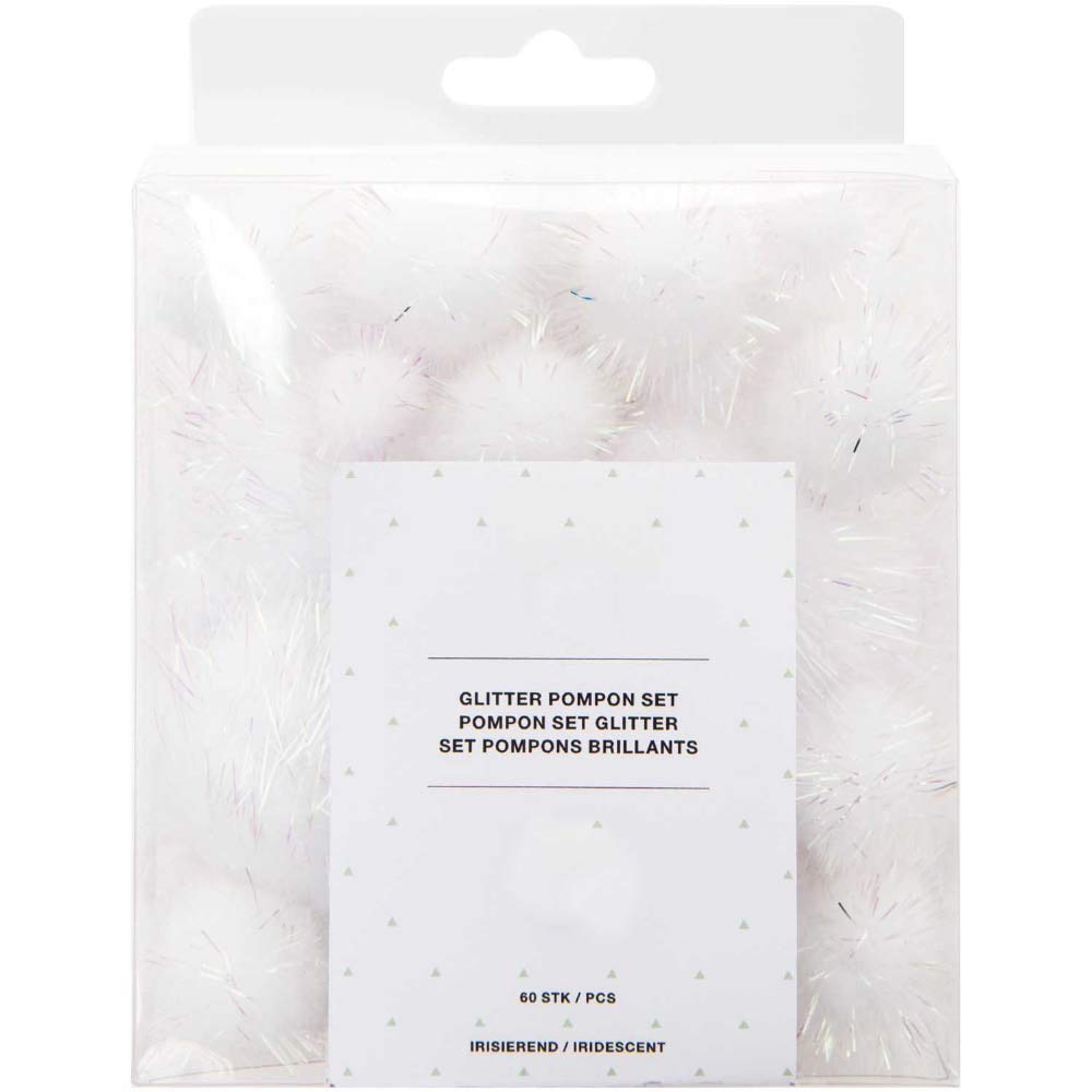 CRAFTY CAPERS 60 Tinsel Craft Pom Poms - Iridescent White Glitter (10 to 45mm)