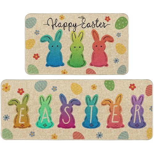 Wylumen Happy Easter Rabbits Kitchen Mats for Floor Set of 2 Bunny Easter Kitchen Rugs for Home Party Decorations Non Slip Rubber Backing Floor Mat 17 X47.2+17 X29.5