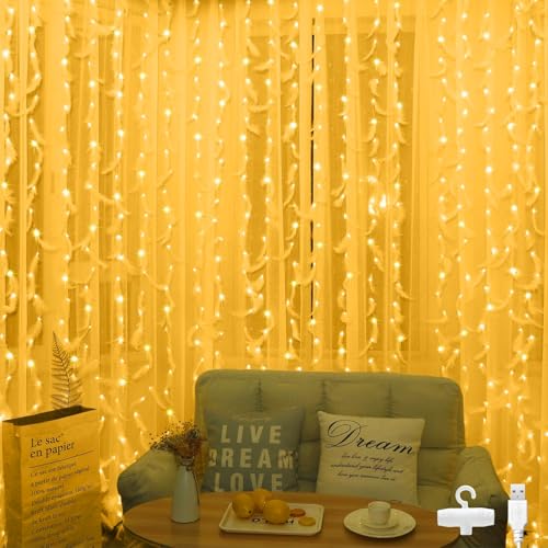 Bigzom Rideau Lumineux Interieur 2mx1m,100LED Rideau Lumineux Interieur Noel USB avec 10 crochets IP65 Pour les fêtes dans la chambre