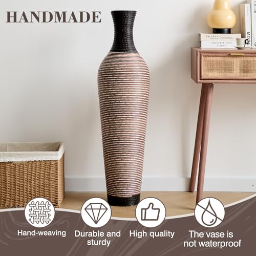 Image of Large Hand-Woven Bamboo Floor Vase, Tall Home Decor Floor Vase for Fake Flower Dried, Flower Holder for Living Room, Bedroom, Dining Room, Entryway, Hallway (Pattern Black Brown, Bottle)