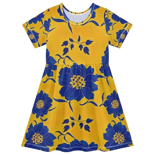 Elegant Blue Flowers Yellow Toddler Girls Dresses Casual Clothing Summer Outfits Little Girl 2t