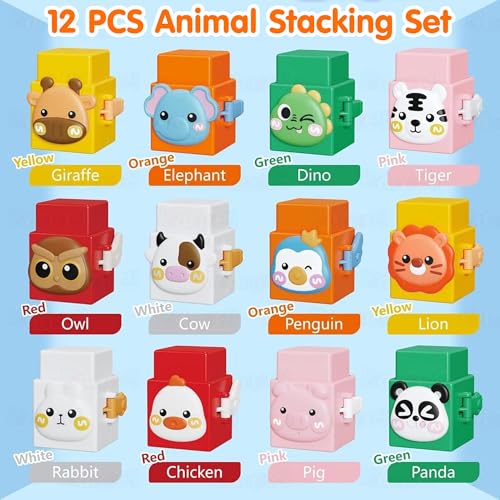 Image of Kidology 12 PCS Animal Stacking Cubes Set | Pressable Montessori Learning Blocks for Toddlers 1+ Years | Sensory Stacking Toys for 1 2 3 4 Year Old Boys & Girls | Travel Friendly Preschool Gift