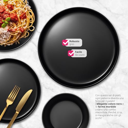 tectake® Set Stoviglie in Terracotta 24 Pezzi, Servizio Piatti 6 Persone, Set Tavola dal Design Moderno, Set Piatti Adatto per Lavastoviglie e Microonde, Impilabile - Nero - immagine 4