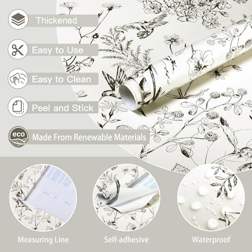 Safiyya Peel and Stick Wallpaper Floral Birds Contact Paper Black and White Wall Paper Peel and Stick Modern Boho Removable Self Adhesive Wallpaper Vinyl Rolls 118"x17.3" by Safiyya - Image 4