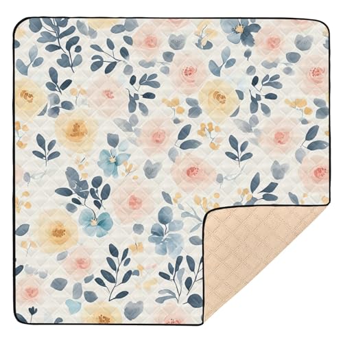 BOESI Watercolor Colorful Flowers Baby Play Mat, 50“ X 50” Washable Folding Crawling Mat, Baby Floor Mat, Soft, Non-Slip