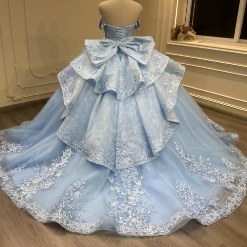 Mouccy Lace Quinceanera Dresses Ball Gown Puffy Beaded Sweet 16 Dresses with Ruffles Off Shoulder Pageant Dresses with Bow4
