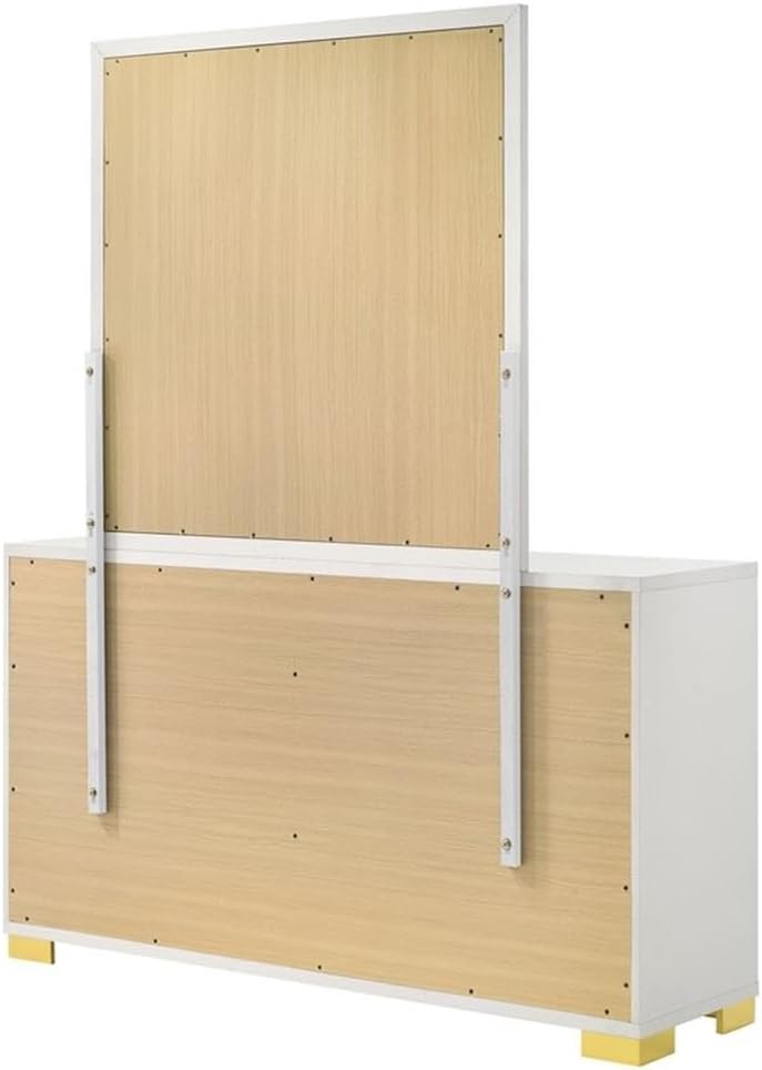 Pemberly Row 6-Drawer Rectangular Wood Dresser with Mirror, White Finish, Gold Metal Accents, 72.5" H x 58.5" W x 16.25" D, Modern Bedroom Storage Set