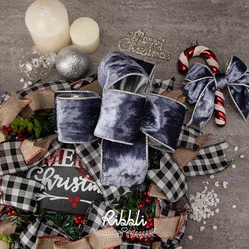 Image of Ribbli Dusty Blue Velvet Wired Ribbon 2.5 Inch Metallic Dusty Blue Crushed Velvet Christmas Ribbon for Gift Wrapping Christmas Tree Decoration Crafts Wreaths Supplies-Continuous 10 Yards