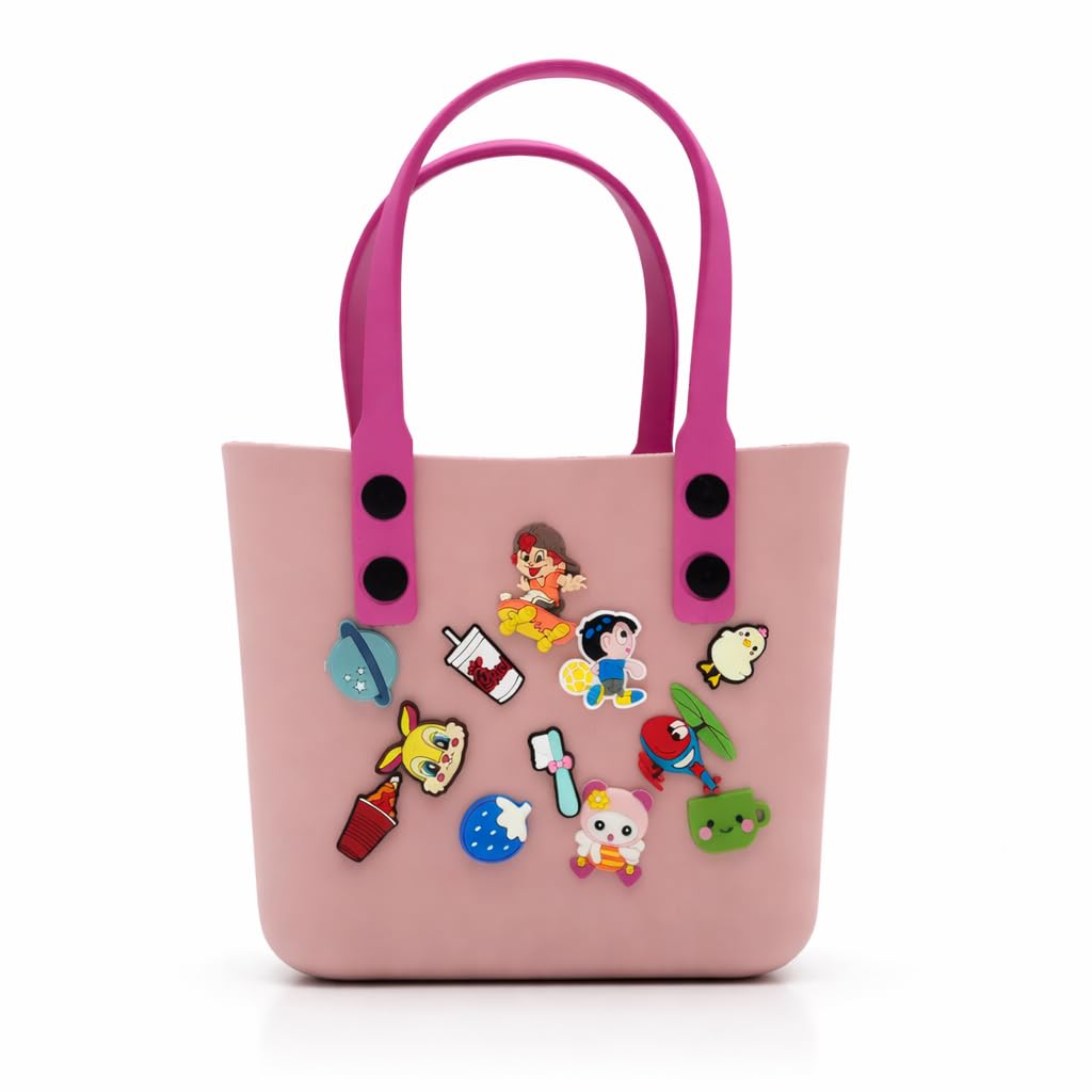 Kids Silicone Tote Bag for Girls | EVA Silicone Beach Bag with Cute Cartoon Charm Handbag | Lightweight Waterproof Reusable Shopping & Picnic Bag | Soft Durable Carry Bag for Travel, Daily Use - Pink.