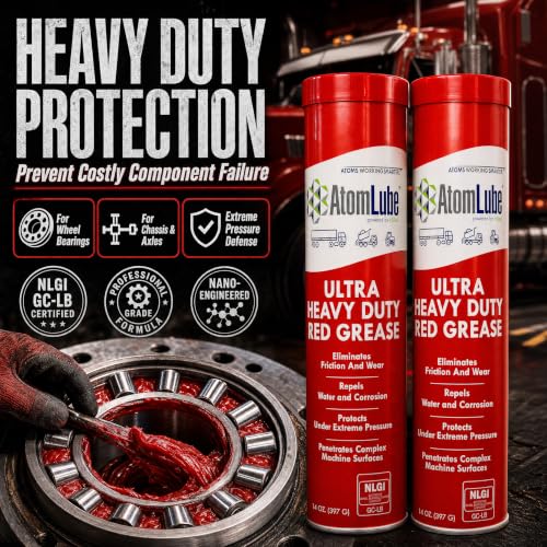 Image of AtomLube Ultra Heavy Duty Red Grease, 2-Pack of 14 oz Tubes | High Temp Waterproof NLGI# 2 Lithium Wheel Bearing Grease for Trucking, Automotive, Trailers, & Agricultral Equipment