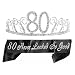 80th Birthday Tiara and Sash, Happy 80th Birthday Party Supplies, 80th Black Glitter Satin Sash and Crystal Tiara Birthday Crown for 80th Birthday Party Supplies and Decorations (Tiara+Sash)