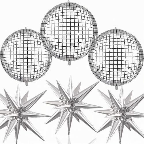 Image of 6pcs 22 inch Silver Star Balloons and Disco 4D Large Foil Balloons, Silver Foil Star Balloon 4D Aluminum Balloon For Birthday Baby Shower 70s 80s Disco theme Party Wedding Anniversary Decorations