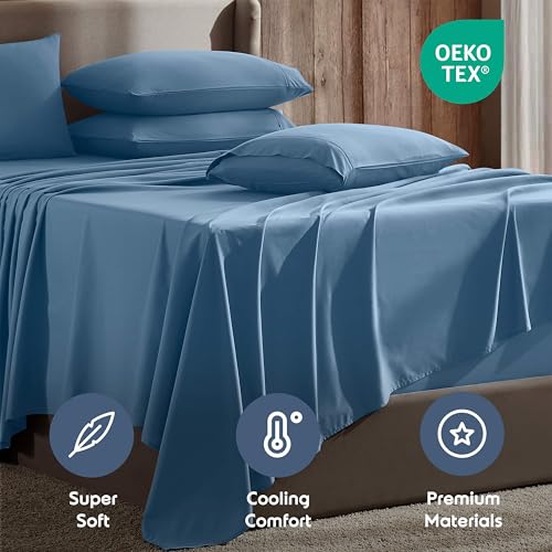 Image of Nestl Extra Deep Split King Sheet Set - 7 Piece Breathable & Cooling Sheets - Hotel Luxury Bedding Set w /18-24 Inch Deep Pockets - Easy & Secure Fit - Super Soft, Wrinkle Free & Comfy - Blue Heaven