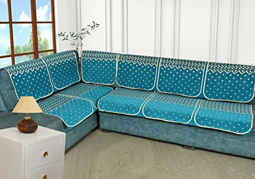 Image of Premium 5 Seater Printed Sofa Cover Set 3,1,1 Seater 10 Pieces Sofa Back Slip Panels, Protector for Single Seater (Sky Blue, L Shape)