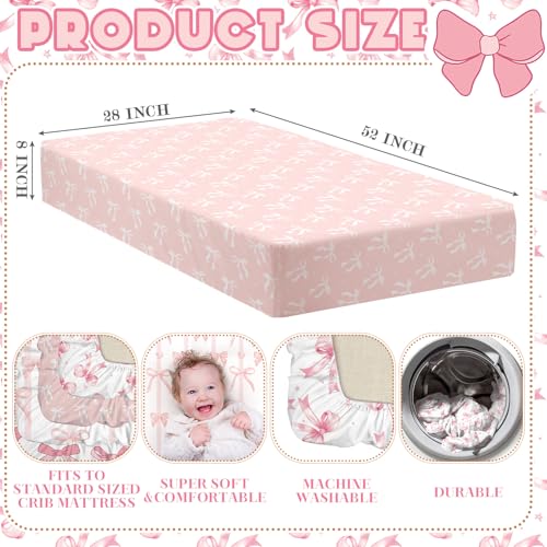 Image of Peryiter 4 Pack Crib Sheets for Baby Pink Bow Soft Baby Bed Sheet Set 52'' x 28 inch Nursery Crib Sheets for Standard Bed Toddler Mattress Nursery Decor Boys Girls Kids