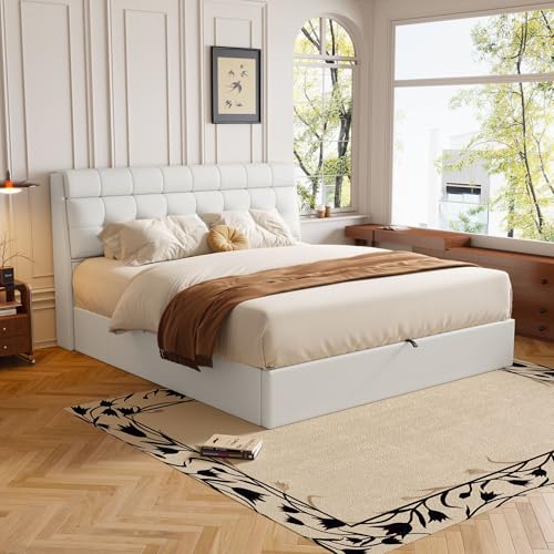Gxffipw Doppelbett Polsterbett 140x200 cm mit Verdeckter Stauraum am Kopfteil, Hydraulisches Bett mit Stauraum, Jugendbett Stauraumbett Bettgestell mit Lattenrost, PU, Weiß, Ohne Matratze