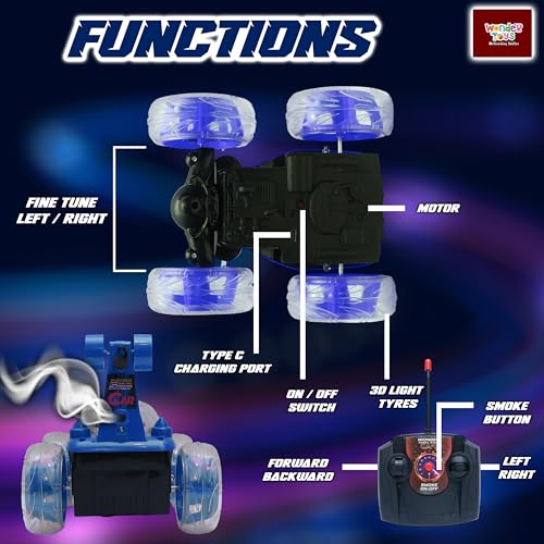 Image of Wonder Stunt Rc Car | Smoke Function and Led Lights | Abs Plastic Body | 360 Degree Spinning Wheels Rechargeable Battery Type C Charging | Remote Control Toy for Kids - Blue